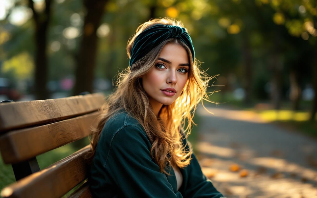 femme-assise-sur-un-banc-en-bois-dans-un-parc-portant-un-bandeau-en-velours-et-les-cheveux-ondules-et-laches-la-lumiere-doree-filtrant-a-travers-les-feuilles-regard-detendu-et-ambiance-calme