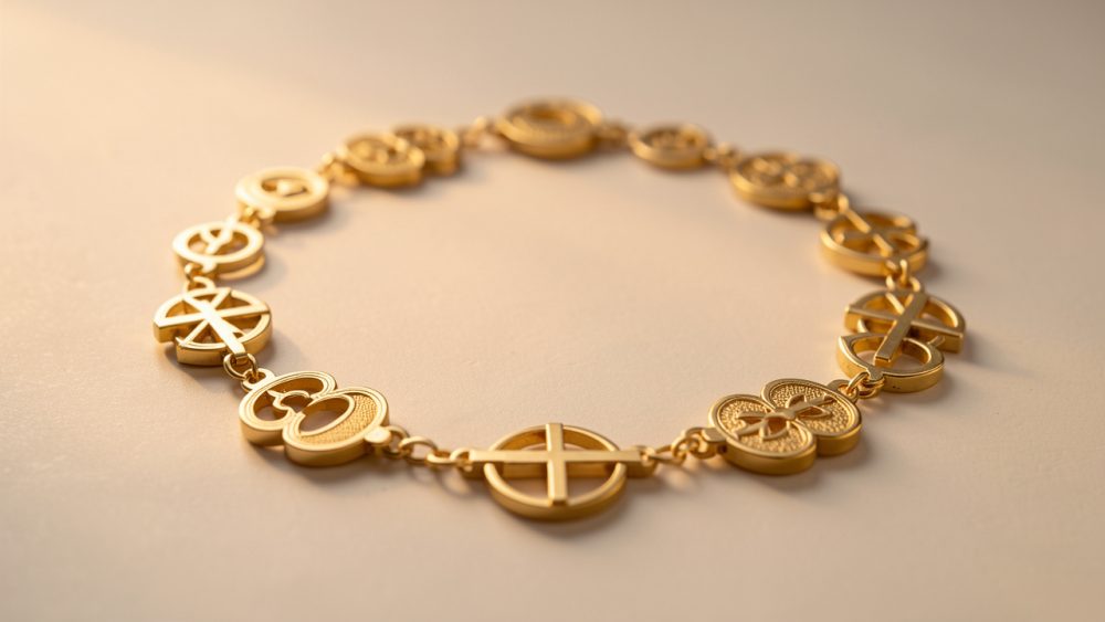 Composition élégante de bijoux symboliques dorés disposés avec douceur sur un fond clair, ambiance lumineuse et spirituelle.