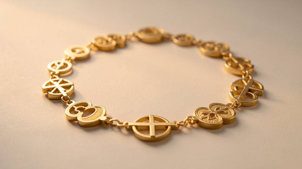 Composition élégante de bijoux symboliques dorés disposés avec douceur sur un fond clair, ambiance lumineuse et spirituelle.