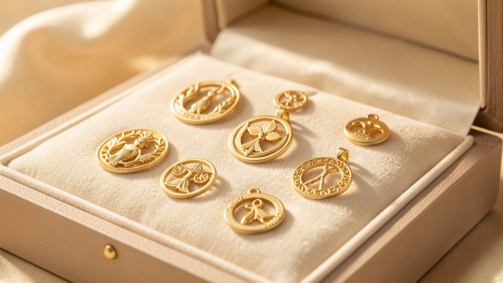 Écrin élégant avec plusieurs bijoux dorés symboliques posés sur un tissu clair, lumière douce et ambiance spirituelle.