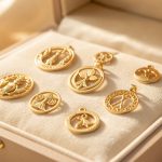 Écrin élégant avec plusieurs bijoux dorés symboliques posés sur un tissu clair, lumière douce et ambiance spirituelle.