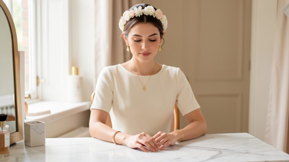 Une femme élégante portant une robe ivoire minimaliste et un bandeau fleuri, entourée de bijoux dorés délicats posés sur une table en marbre.