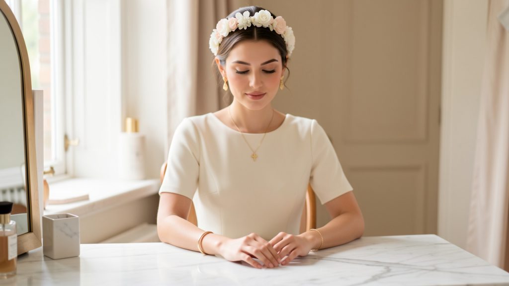 Une femme élégante portant une robe ivoire minimaliste et un bandeau fleuri, entourée de bijoux dorés délicats posés sur une table en marbre.