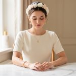 Une femme élégante portant une robe ivoire minimaliste et un bandeau fleuri, entourée de bijoux dorés délicats posés sur une table en marbre.