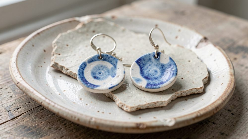 Gros plan de boucles d’oreilles artisanales en faïence recyclée bleue et blanche, posées sur des fragments d’assiette ancienne dans une lumière naturelle douce.