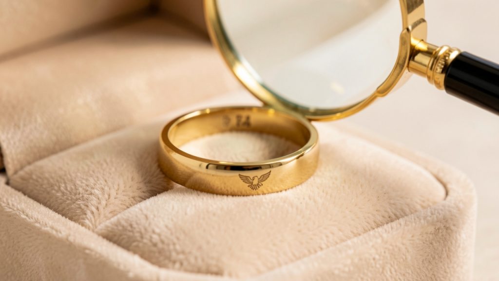 Gros plan d’une bague élégante en or jaune posée sur un écrin beige, observée à travers une loupe révélant un discret poinçon en forme de tête d’aigle.