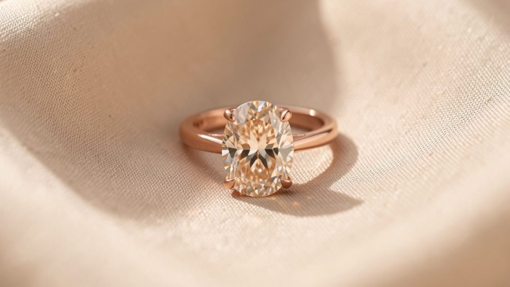 Bague élégante en or rose sertie d’un diamant champagne ovale, photographiée sur un fond beige avec une lumière naturelle douce.
