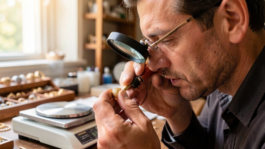 Un bijoutier examine attentivement une ancienne bague en or avec une loupe, près d’une balance de précision, dans un atelier lumineux.