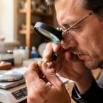 Un bijoutier examine attentivement une ancienne bague en or avec une loupe, près d’une balance de précision, dans un atelier lumineux.
