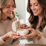 Deux sœurs adultes souriantes présentent un bracelet délicat orné d’une petite pierre colorée dans un écrin élégant.