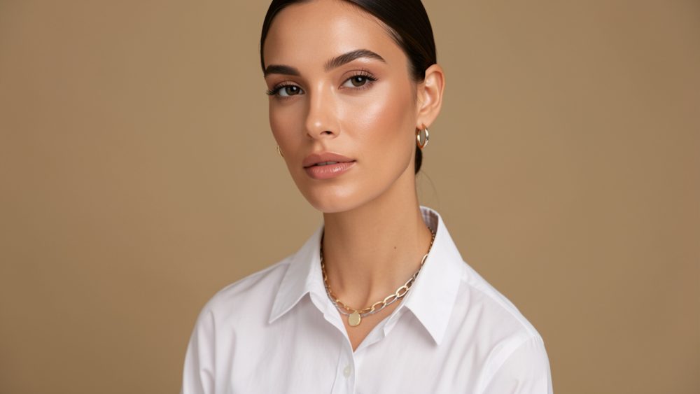 Femme élégante portant un collier bicolore en or et argent, des créoles délicates et une chemise blanche sous une lumière douce.