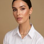 Femme élégante portant un collier bicolore en or et argent, des créoles délicates et une chemise blanche sous une lumière douce.