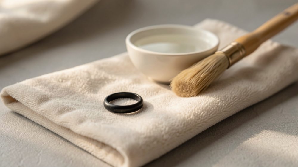 Bague en argent noirci ornée d’une pierre naturelle, posée sur un chiffon doux avec de l’eau tiède et une petite brosse pour un nettoyage délicat.