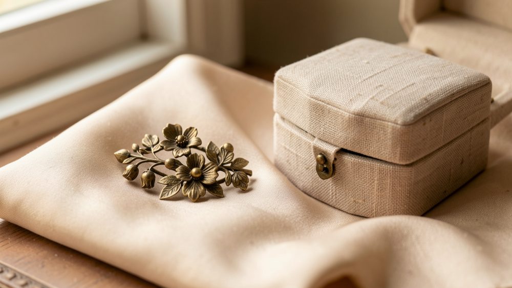 Broche vintage aux détails floraux posée sur un foulard en soie près d’un écrin en lin, dans une ambiance élégante et chaleureuse.