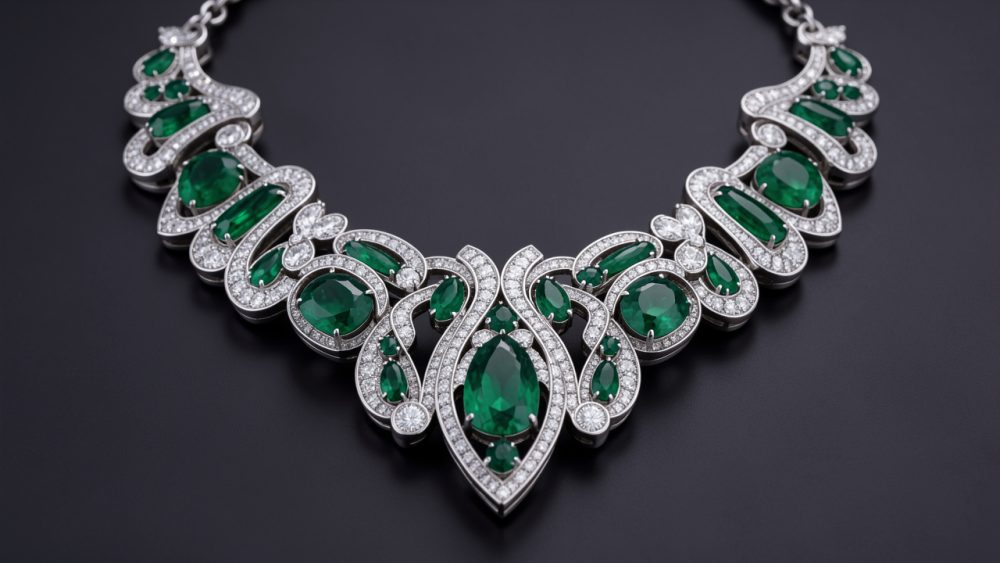 Collier contemporain de haute joaillerie en platine, orné d’émeraudes et de diamants brillants sur un fond sombre raffiné.