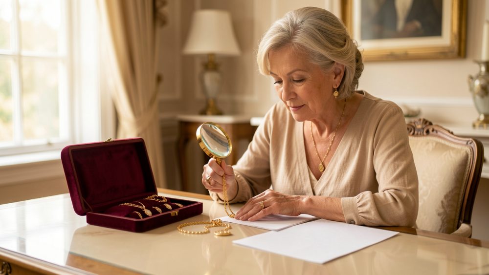 Femme élégante examinant des bijoux anciens en or avec une loupe, près d’un écrin ouvert et de documents vierges sur une table lumineuse à domicile.