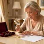 Femme élégante examinant des bijoux anciens en or avec une loupe, près d’un écrin ouvert et de documents vierges sur une table lumineuse à domicile.
