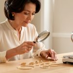 Une femme élégante examine plusieurs bagues et bracelets en or sur une table claire, avec une loupe et une balance de précision, sous une lumière naturelle douce.