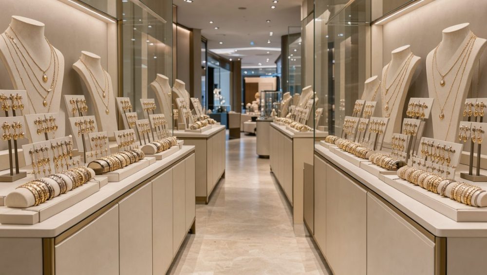 Intérieur élégant d’une bijouterie fantaisie à Cherbourg, avec présentoirs de boucles d’oreilles, colliers dorés et bracelets éclairés par une lumière douce.